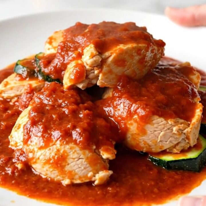 A top-down view of a slow cooker filled with tender chicken thighs, zucchini coins, and rich red marinara sauce.