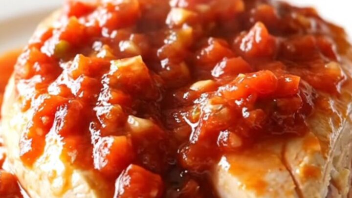 A close-up of slow-cooked chicken breasts smothered in a rich, chunky tomato salsa sauce on a white plate.