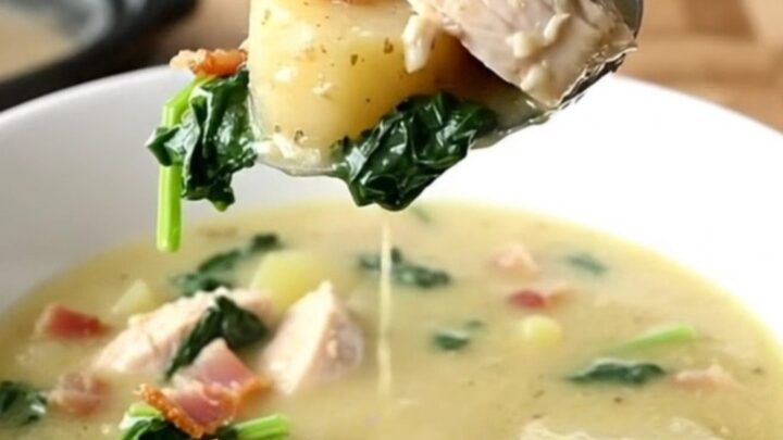 A shallow white bowl filled with creamy chicken Zuppa Toscana, showing tender chicken, potato slices, and bacon.