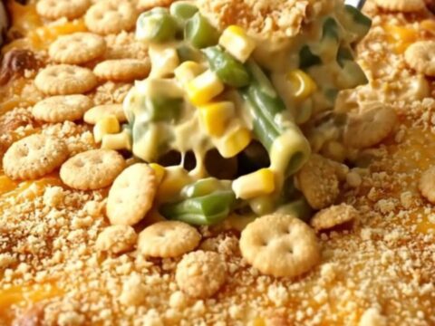 A rectangular white baking dish filled with a creamy green bean and corn casserole topped with golden cracker crumbs.