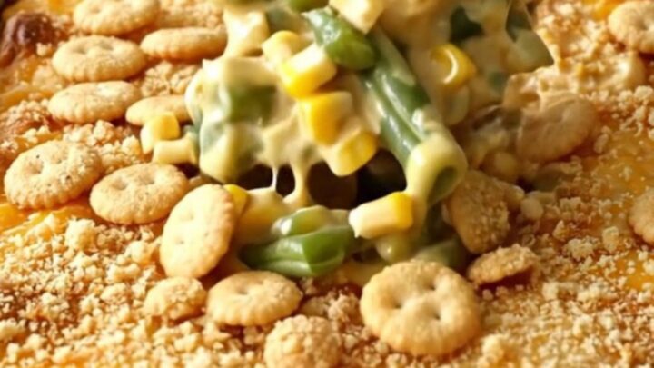 A rectangular white baking dish filled with a creamy green bean and corn casserole topped with golden cracker crumbs.