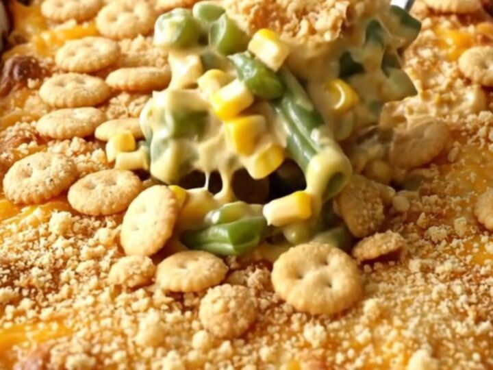 A rectangular white baking dish filled with a creamy green bean and corn casserole topped with golden cracker crumbs.