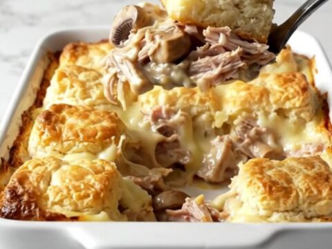 A golden, bubbly turkey and mushroom biscuit bake in a rectangular ceramic dish on a white countertop.