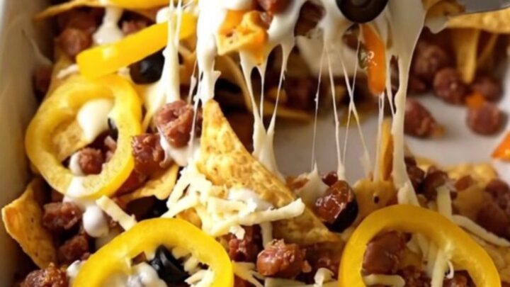 A top-down view of a rectangular baking dish filled with tortilla chips, sausage, Alfredo sauce, and melted cheese.