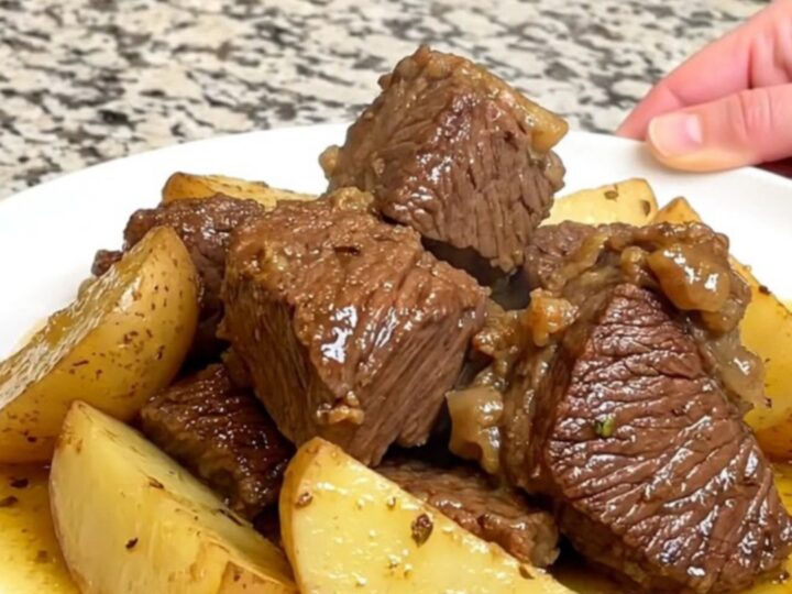 A close-up shot of slow-cooked beef chunks and gold potatoes in a savory lemon-oregano broth.