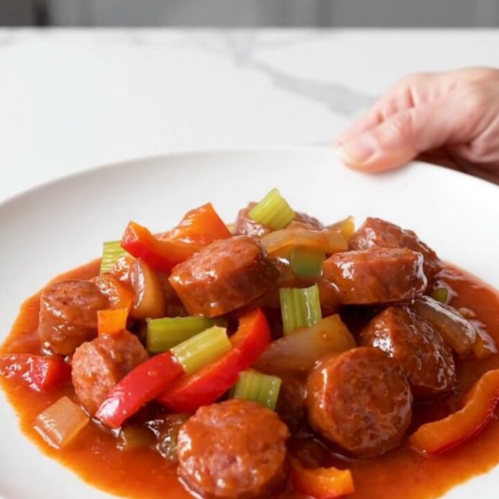 A close-up of a bowl filled with sliced andouille sausage, colorful bell peppers, and onions in a rich tomato sauce.