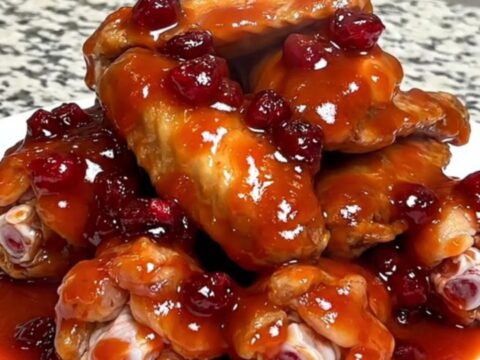A close-up of slow cooker chicken wings coated in a thick, glossy, red cranberry chili sauce on a white plate.