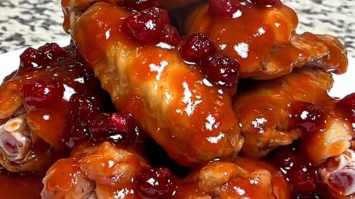 A close-up of slow cooker chicken wings coated in a thick, glossy, red cranberry chili sauce on a white plate.