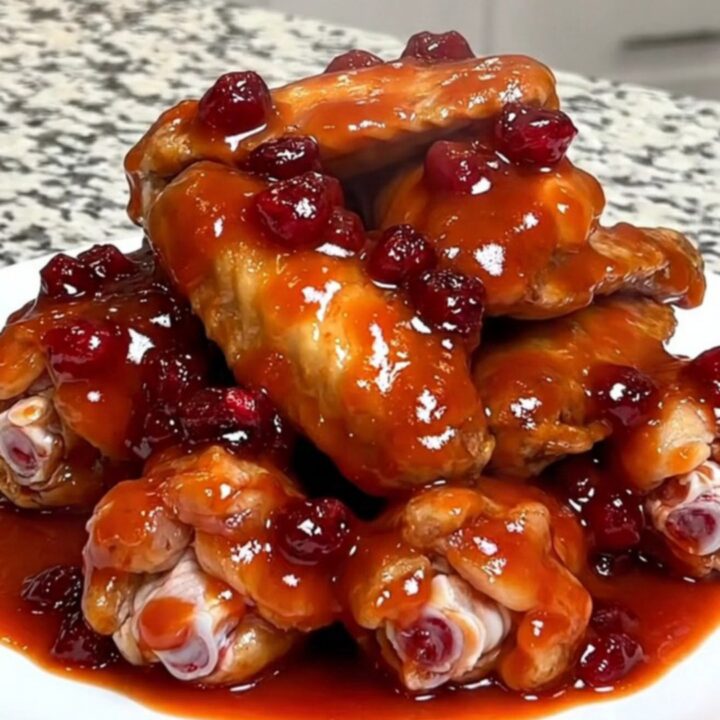 A close-up of slow cooker chicken wings coated in a thick, glossy, red cranberry chili sauce on a white plate.