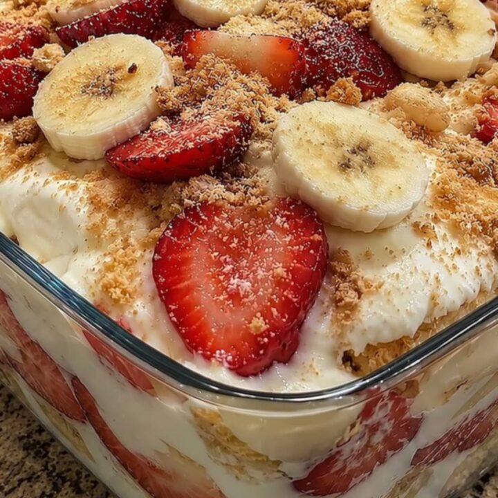 A clear casserole dish filled with layers of creamy vanilla pudding, sliced strawberries, bananas, and vanilla wafers.