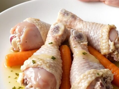 Slow cooked chicken drumsticks with baby carrots in a light herb sauce served in a ceramic bowl.