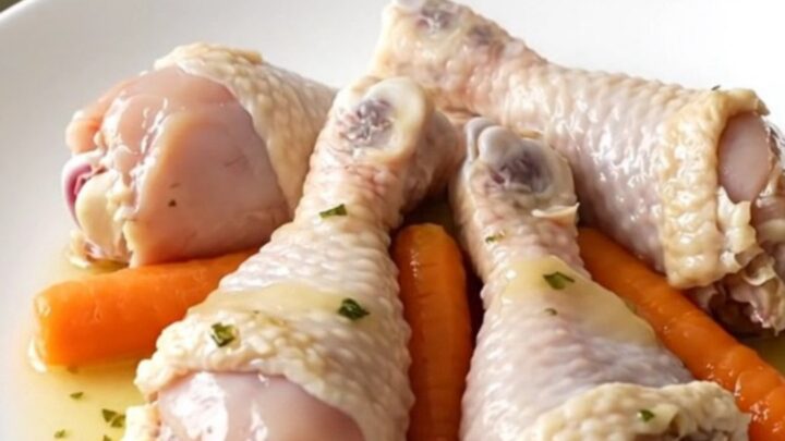 Slow cooked chicken drumsticks with baby carrots in a light herb sauce served in a ceramic bowl.