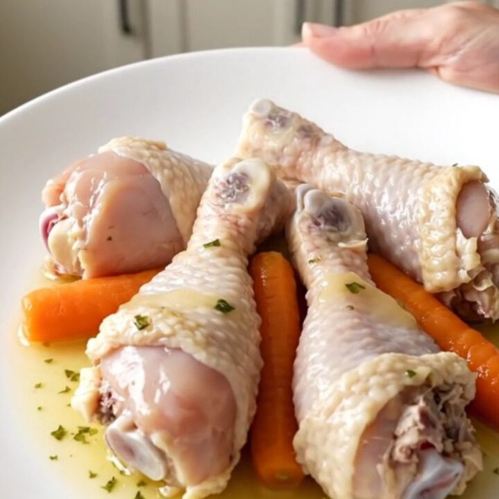 Slow cooked chicken drumsticks with baby carrots in a light herb sauce served in a ceramic bowl.
