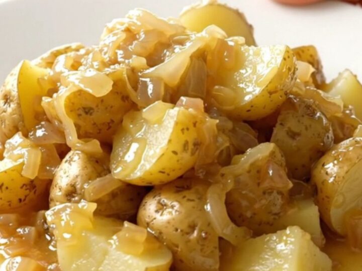 A white plate filled with tender, buttery quartered gold potatoes with onion flecks.