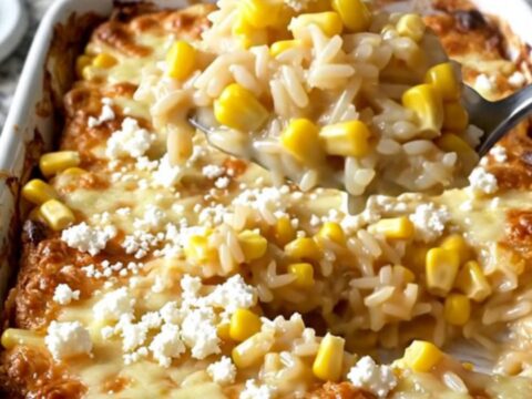 A creamy Mexican street corn rice bake in a rectangular white ceramic dish on a speckled granite counter.