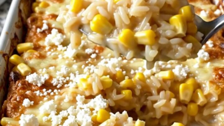A creamy Mexican street corn rice bake in a rectangular white ceramic dish on a speckled granite counter.