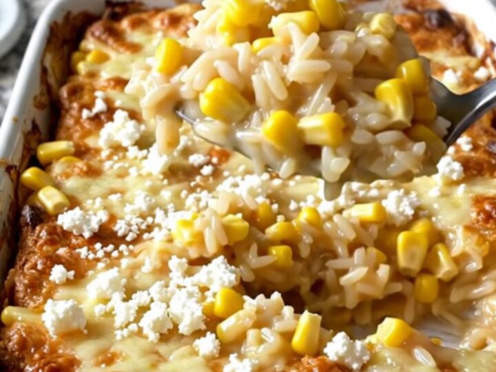 A creamy Mexican street corn rice bake in a rectangular white ceramic dish on a speckled granite counter.