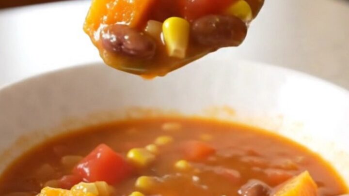 A close-up of a white bowl filled with a vibrant harvest stew featuring cubes of squash, beans