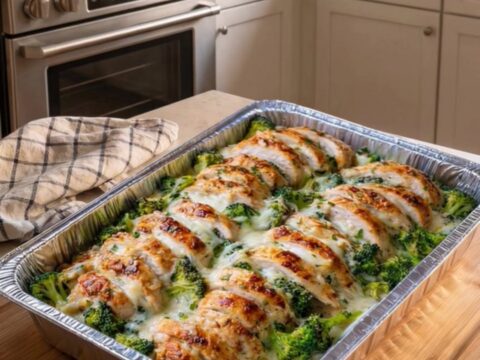 A close-up of a spatula lifting a portion of cheesy chicken and broccoli with a long, satisfying cheese pull.