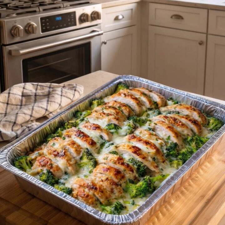 A close-up of a spatula lifting a portion of cheesy chicken and broccoli with a long, satisfying cheese pull.