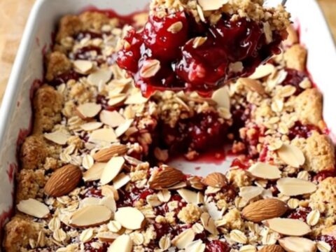 A warm, golden-brown cherry almond crisp in a rectangular white ceramic dish.