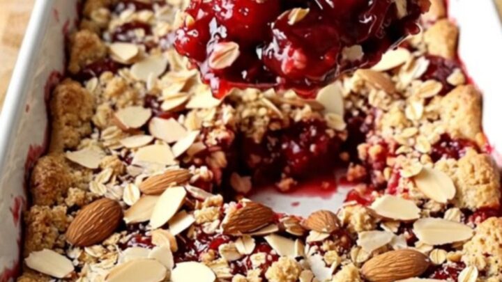 A warm, golden-brown cherry almond crisp in a rectangular white ceramic dish.