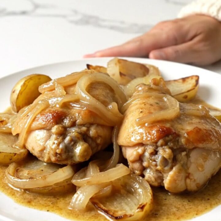 Slow cooker French onion chicken thighs with halved potatoes and a creamy onion sauce served in a white bowl.