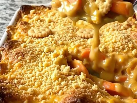 A top-down view of a golden-brown cheesy carrot casserole in a white ceramic dish.