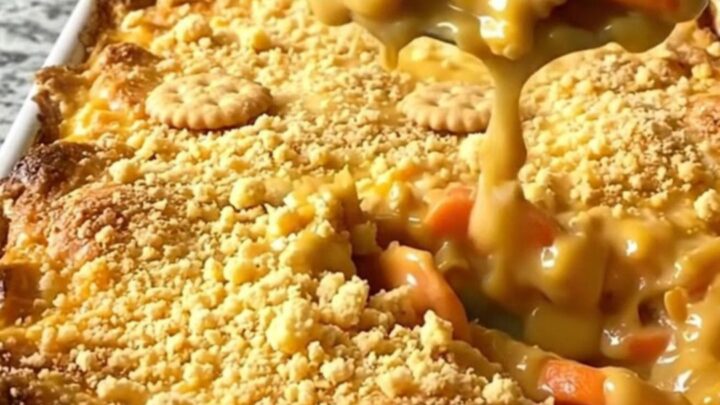 A top-down view of a golden-brown cheesy carrot casserole in a white ceramic dish.