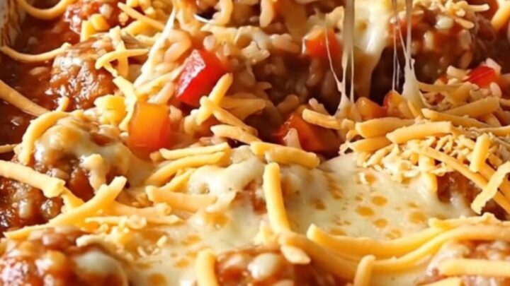 A rectangular baking dish filled with turkey meatballs, rice, and peppers, topped with melted cheese.
