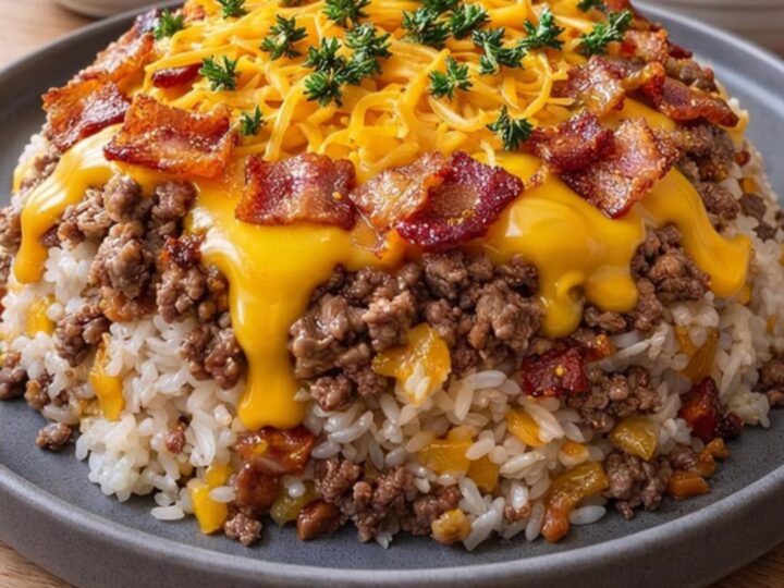 A perfectly molded rice dome topped with seasoned ground beef, melted cheddar cheese, and crispy bacon on a gray plate.