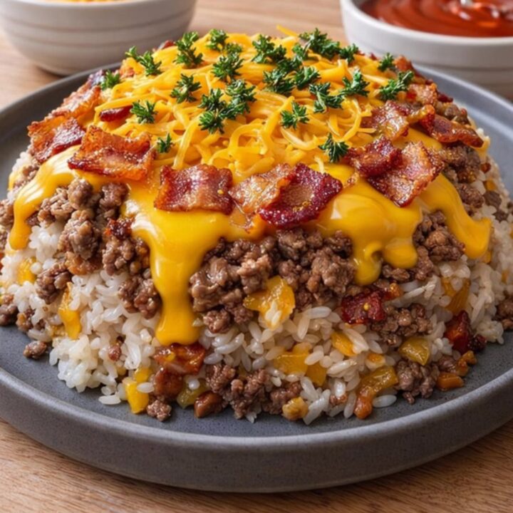 A perfectly molded rice dome topped with seasoned ground beef, melted cheddar cheese, and crispy bacon on a gray plate.
