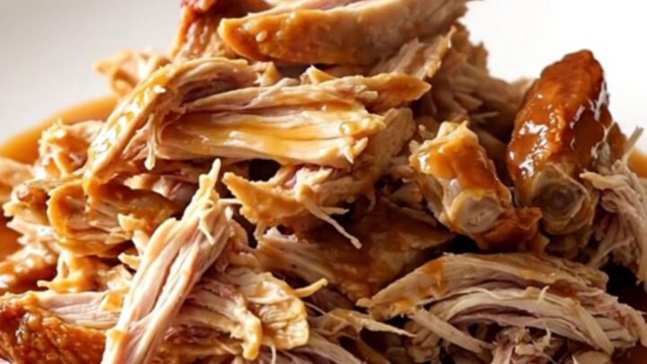 A close-up of tender, shredded Carolina-style pulled chicken in a vibrant vinegar barbecue sauce.