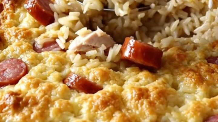 A large white ceramic baking dish filled with a golden, savory chicken and rice bake on a white quartz countertop.