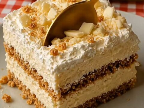 A close-up of a white chocolate biscuit cake with a gold spoon in a glass dish on a red and white checkered cloth.