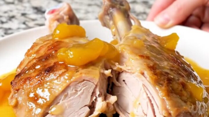 A whole, slow-cooked turkey tenderloin covered in a glossy, golden-brown apricot sauce on a white plate.
