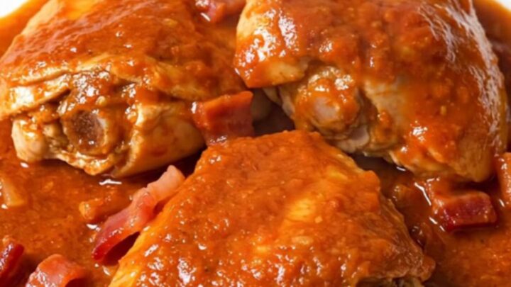 A rustic slow cooker filled with tender chicken thighs, crispy bacon, and soft onions in a rich, smoky tomato sauce.