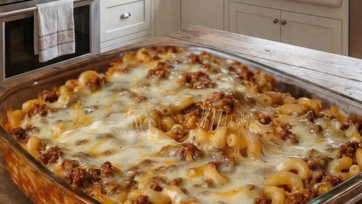 A close-up of a serving spoon lifting a portion of cheesy hamburger casserole from a glass dish.