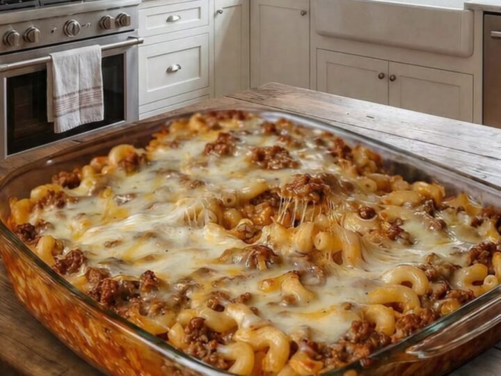A close-up of a serving spoon lifting a portion of cheesy hamburger casserole from a glass dish.