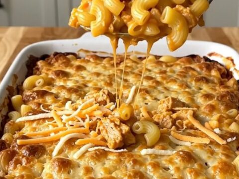 A top-down view of a rectangular ceramic dish filled with buffalo turkey mac and cheese before baking.