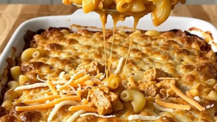 A top-down view of a rectangular ceramic dish filled with buffalo turkey mac and cheese before baking.