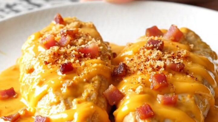 A plate of tender slow-cooked chicken breasts smothered in a creamy cheddar and bacon sauce.