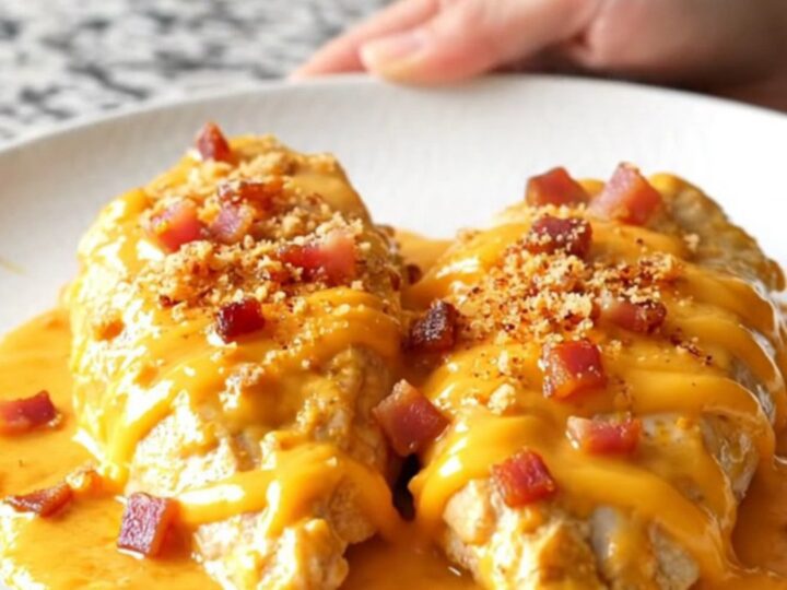A plate of tender slow-cooked chicken breasts smothered in a creamy cheddar and bacon sauce.