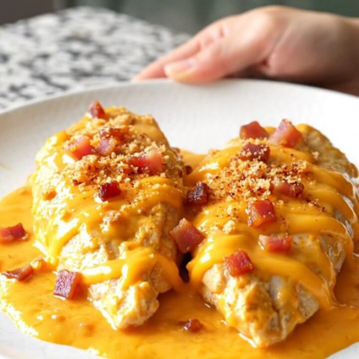 A plate of tender slow-cooked chicken breasts smothered in a creamy cheddar and bacon sauce.