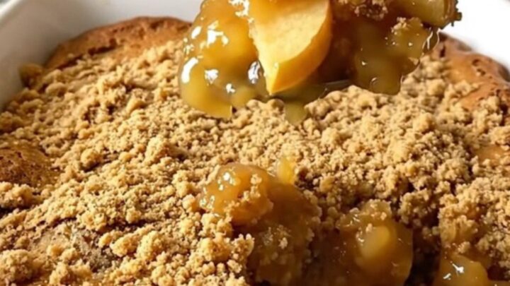 A top-down view of a rectangular baking dish filled with apple gingerbread dump cake on a granite countertop.