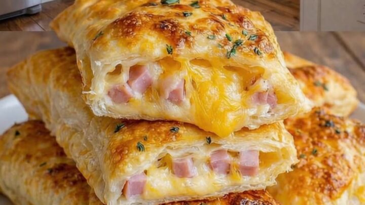 A stack of golden, crispy ham and cheese pockets on a white plate over a wooden surface.