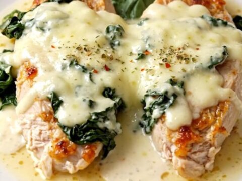 A close-up of creamy slow cooker white pizza chicken on a white plate with melted mozzarella and spinach.