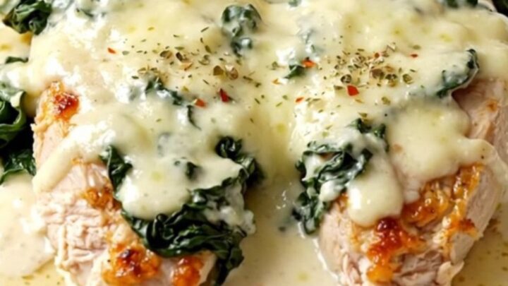 A close-up of creamy slow cooker white pizza chicken on a white plate with melted mozzarella and spinach.