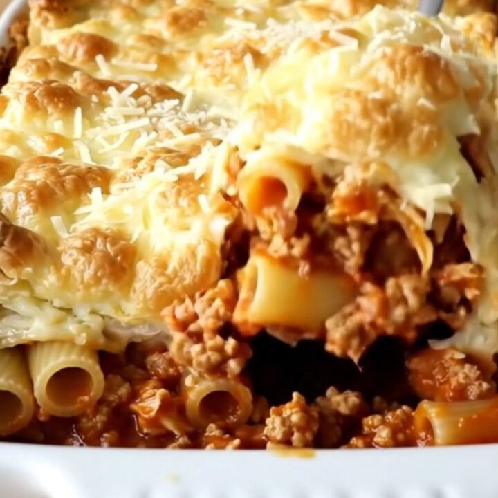 A golden, bubbly pastitsio bake in a rectangular ceramic dish, fresh from the oven.
