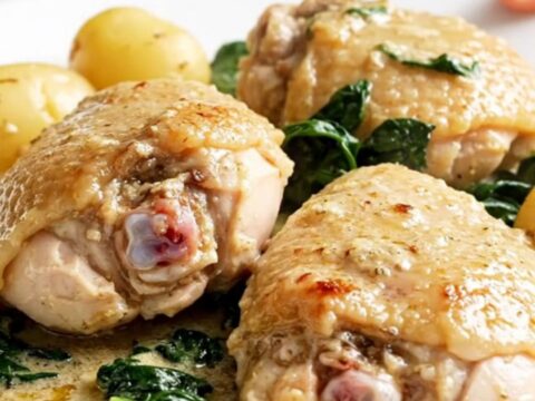 A slow cooker filled with creamy chicken thighs, artichoke hearts, and baby potatoes in a white sauce.